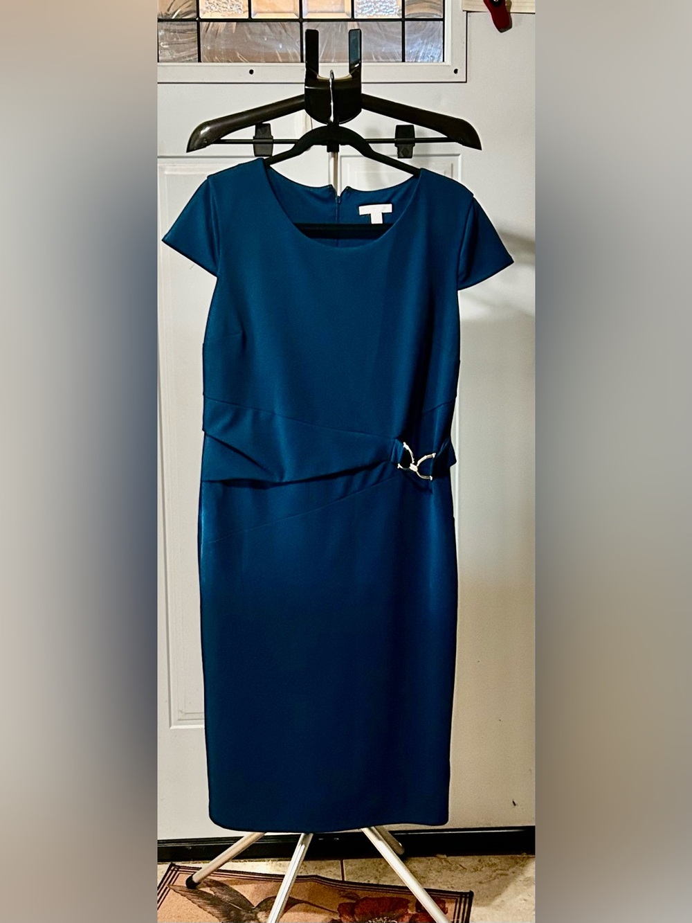 New York & Company Teal Midi Sheath Dress with Gold Ring